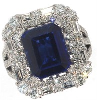14k Gold 7.65 ct Radiant Sapphire & Diamond Ring