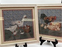 PAIR OF DUCK CHICKEN / ROOSTER THEME PANELS FRAMED