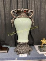 SAGE GREEN DECORATIVE VASE WITH METAL TOP AND BASE