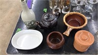 ASSORTED SMALL STONEWARE DISHES, JUGS, MISC