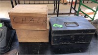 METAL CASH BOX, AND 2 WOODEN CHALK BOXES