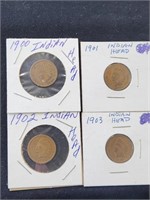 Four IHC Indian Head Pennies 1900, 01, 03 & 03