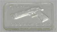 1 gram Silver Bar - Hand Gun, .999 Fine Silver