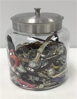 Large Glass Canister of Assorted Watches