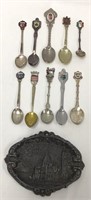 Ten Souvenir Spoons and Souvenir Plate
