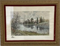 Framed Benj Lander House by Pond Print