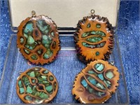 (4) Walnut & Turquoise pendants - vintage