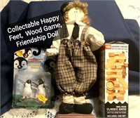 Collectable happy feet, wood stack game and friend