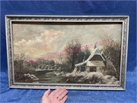 Antique winter oil painting (circa 1900) 16x26