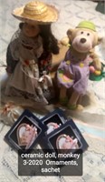 Ceramic doll, monkey, & 3ct 2020 Sachet Ornaments