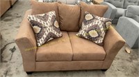 Light Brown Upholstered Loveseat w/ Pillows