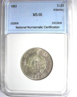 1963 3 Lei NNC MS-66 Romania