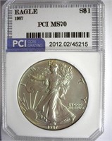 1987 Silver Eagle PCI MS-70 LISTS FOR $1200