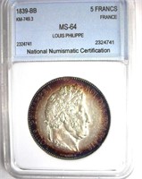 1839-BB 5 Francs NNC MS-64 Louis Philippe