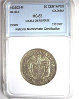 1932/22-M 50 Centavos NNC MS-62 DDR Colombia