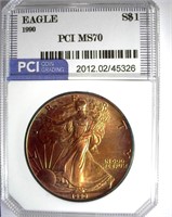 1990 Silver Eagle PCI MS-70 GOLDEN PURPLE