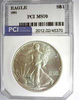 1991 Silver Eagle PCI MS-70 LISTS FOR $2550