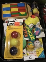 Wooden Blocks, Franklin Paddle Balls, Toys.