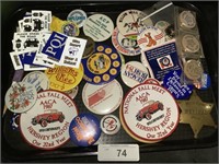 Advertising Buttons, Patches, Wooden Nickels.