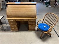 LATE MID CENTURY ROLL TOP DESK WITH DESK CHAIR