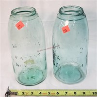 2- Antique Blue Mason's Jars- 8¾"t (1-CFJCo)