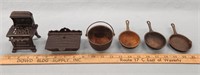 Cast Iron Miniatures- (4) Pots/Pans, Daisy Stove,