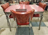 Retro Starburat Red and Chrome Table, 4 Chairs,