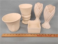 (5) Cream Colored Vases- One Marked Haegar