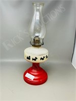 vintage oil lamp w/ chimney-scotty dogs  18" tall