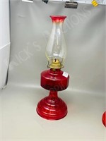 vintage oil lamp w/ chimney-red glass  18" tall