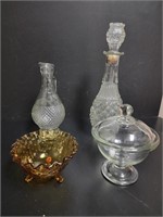 Glass Decanter, Pitcher, Covered Bowl, Amber