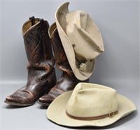 Pair of Acme Cowboy Boots & (2) Cowboy Hats