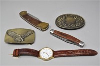 (2) Belt Buckles, Timex Watch & Buck Pocket Knife,