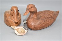 (2) Wooden Carved Ducks & Decor Goose