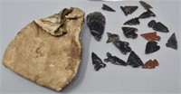 Collection of 17 Arrowheads & Old Leather Pouch