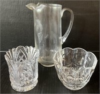 CRYSTAL PITCHER AND 2 BOWLS