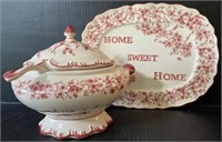 RED WHITE HOME SWEET HOME SOUP TUREEN & PLATTER