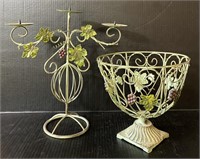 GREEN METAL BOWL AND CANDLE HOLDER