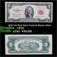 1953 $2 Red Seal United States Note Grades vf+