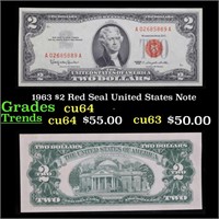 1963 $2 Red Seal United States Note Grades Choice