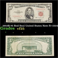 1953B $5 Red Seal United States Note Fr-1534 Grade