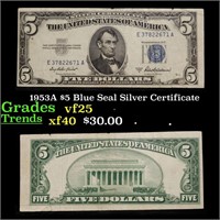 1953A $5 Blue Seal Silver Certificate Grades vf+