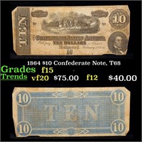 1864 $10 Confederate Note, T68 Grades f+