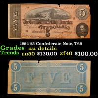 1864 $5 Confederate Note, T69 Grades AU Details