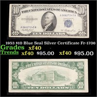1953 $10 Blue Seal Silver Certificate Fr-1706 Grad