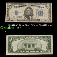1934D $5 Blue Seal Silver Certificate Grades f+