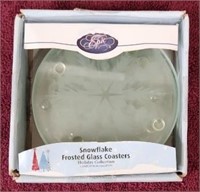 4 Snowflake Frosted Glass Coasters NIB