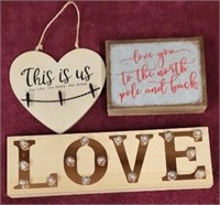3 Hanging Love Signs- 1 Light Up