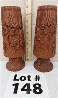 Vintage Hand Carved Teakwood Vases  9 3/4" t