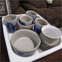 BOX OF POTTERY CUPS, BOWLS ETC